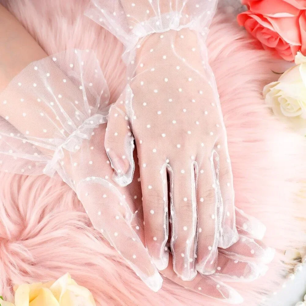 Women's Evening White Elegant Polka Dot Mitten Lace Gloves Party Tea Accessories